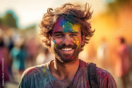 Happy man with face smeared with colors on holi festival
