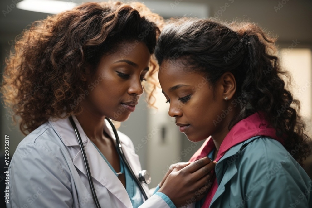 Afro-descendant pediatrician taking care of a patient, a girl. Image that demonstrates affection and professionalism Afro-descendant pediatrician taking care of a patient, a girl. Image that demonstrates affection and professionalism
