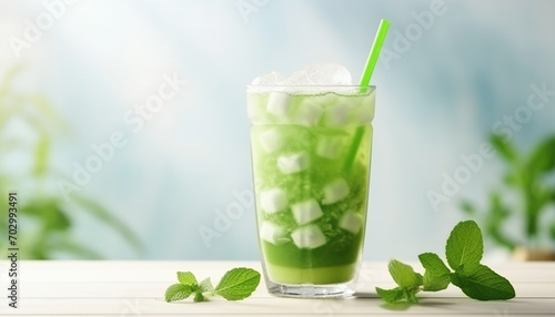 Green matcha bubble tea with ice cubes in cup on white wooden table over light green background softlight. Antioxidant and dietary vegan cocktail for healthy breakfast or snack
