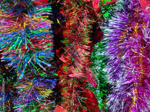 christmas colorful tinsel background close-up