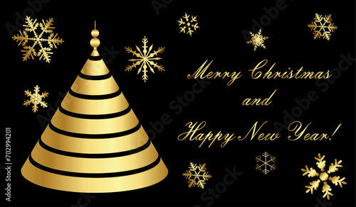 Merry Christmas and Happy New Year! Card black gold.Stylized golden Christmas tree