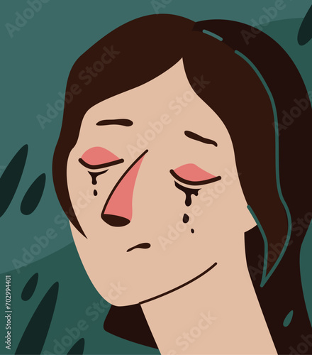 Sorrow vector illustration. Depressed woman crying while rain in