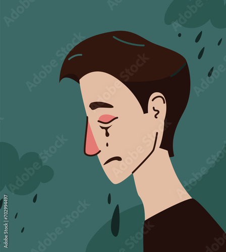 Sorrow vector illustration. Upset young man crying while rain from