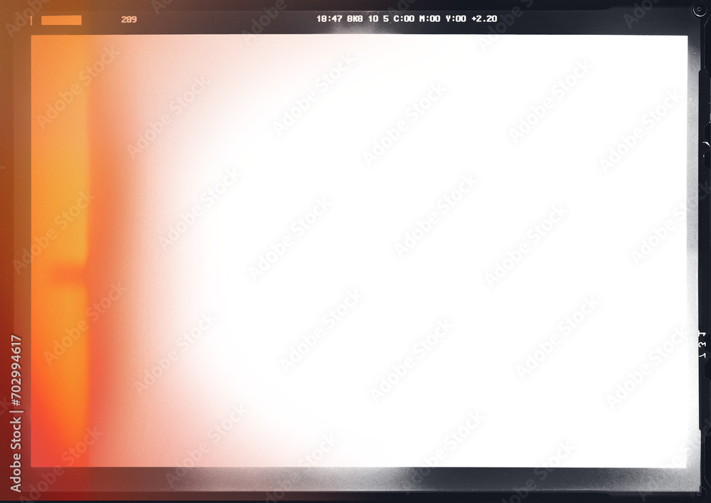 Retro photo film frame of a middle format camera with red glare on transparent background (png image). Template for design, vintage film effects, and light leak