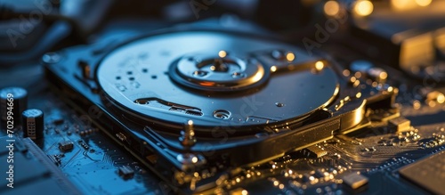 Modern open hard disk drive in close-up. photo
