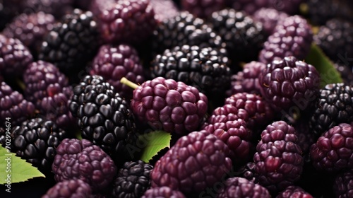  a close up of a bunch of blackberries with a green leaf on the top of the berry is ripe and ready to be eaten.