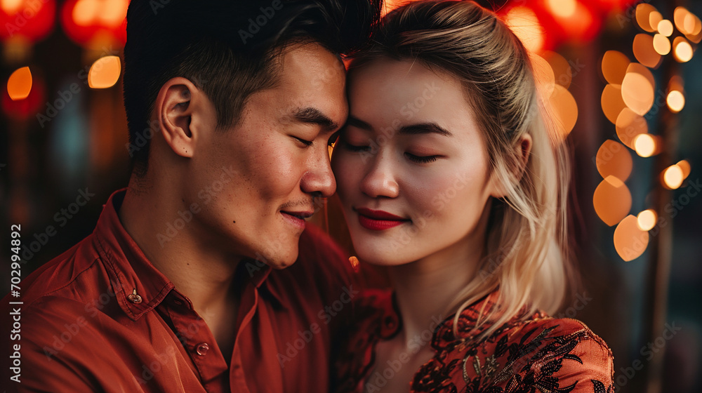 Portrait of a happy and beautiful Asian couple holding and embracing each others presences. Red clothes, lantern and festive background. Love and Chinese/Lunar New Year themed. Generative AI