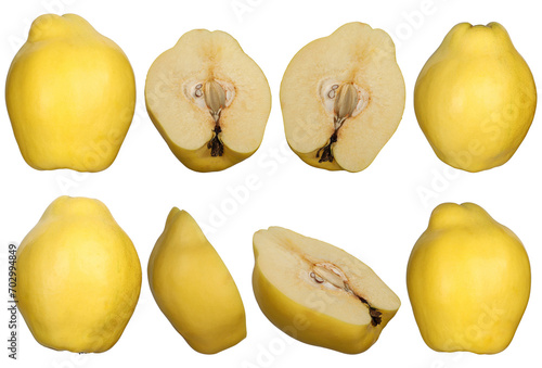 Fresh quince isolated on a white background. Set or collection, sliced and whole, top view, close-up, isolated background. photo