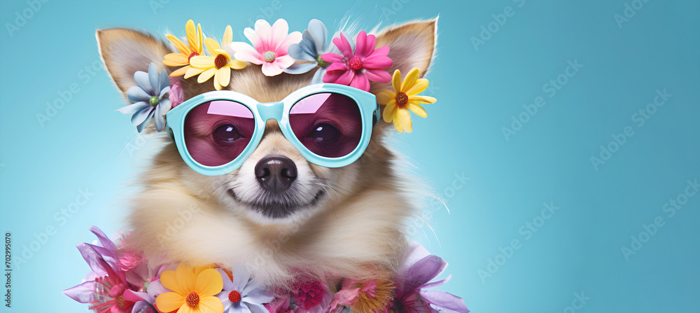  Funny dog wearing flower sunglasses on blue background. Holiday and travel advertising. Close-up