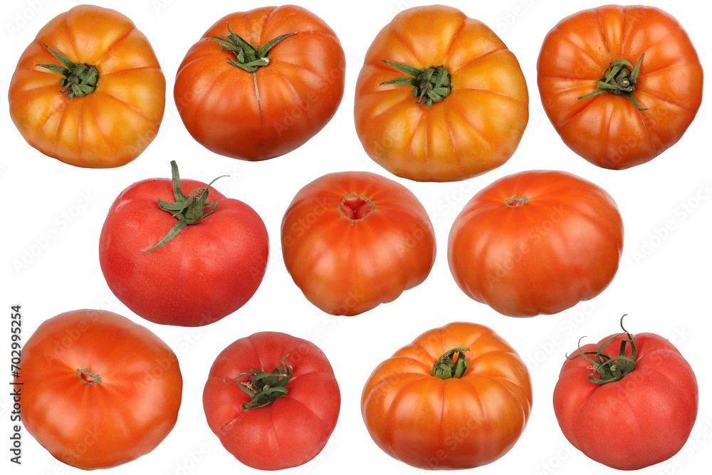 Tomatoes isolated on a white background. Set or collection, sliced and whole, top view, close-up, isolated background. Tomatoes isolated on a white background. Set or collection, sliced and whole, top view, close-up, isolated background.