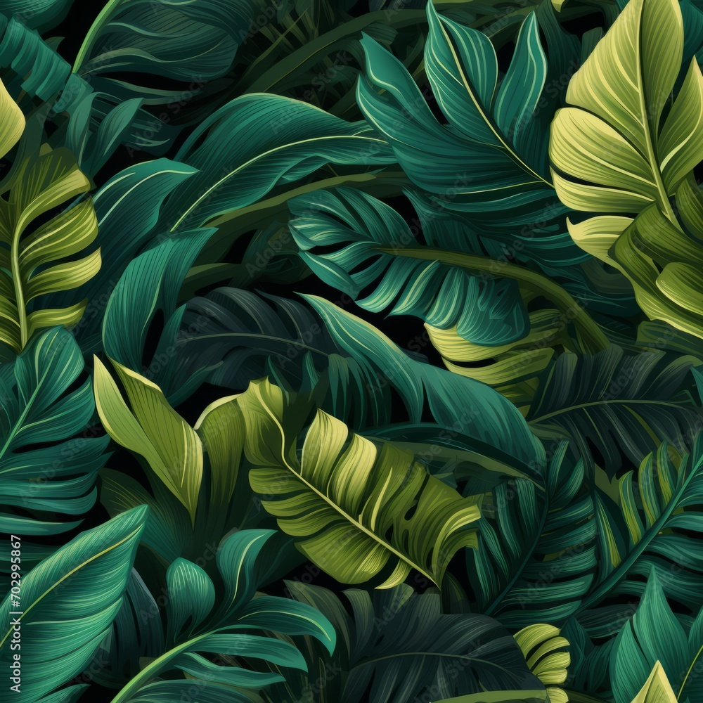 Seamless tropical green leaf pattern with monstera, banana tree, and palm leaves on dark background