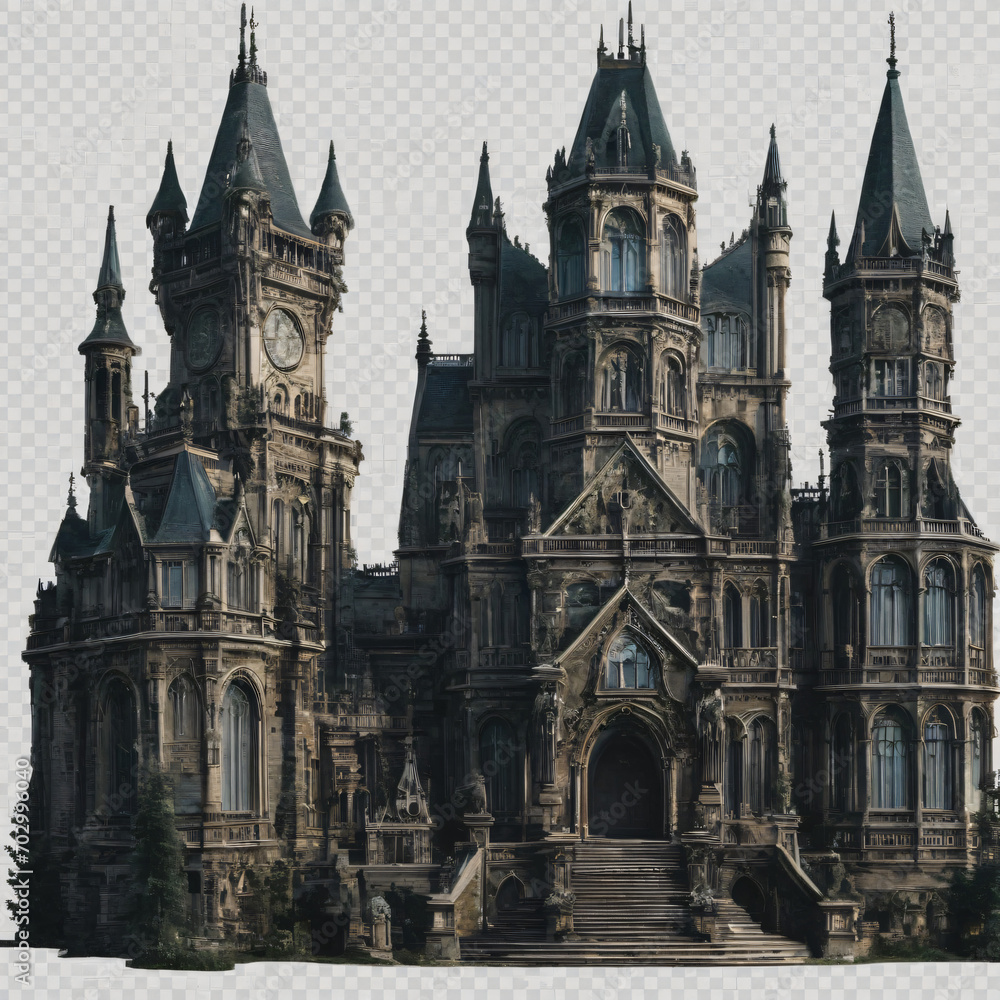 Gothic Masterpiece,: A majestic Gothic building with many towers and exquisite patterns. The building is made of dark stone, giving it an imposing and majestic appearance. Generative AI