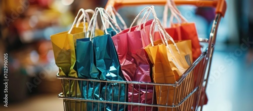 Colorful bags in a trolley. Ideas about compulsive shopping addiction - lack of control. photo