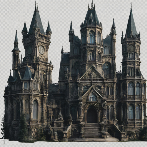 Gothic Masterpiece   A majestic Gothic building with many towers and exquisite patterns. The building is made of dark stone  giving it an imposing and majestic appearance. Generative AI