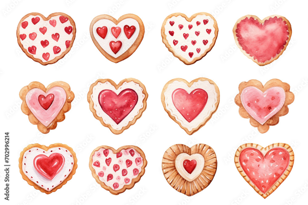 Valentine's Day heart-shaped Linzer cookies watercolor set