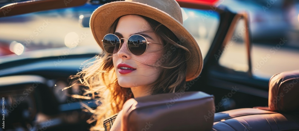 Attractive woman in stylish hat and sunglasses glanced at backseats in a convertible car. - obrazy, fototapety, plakaty 