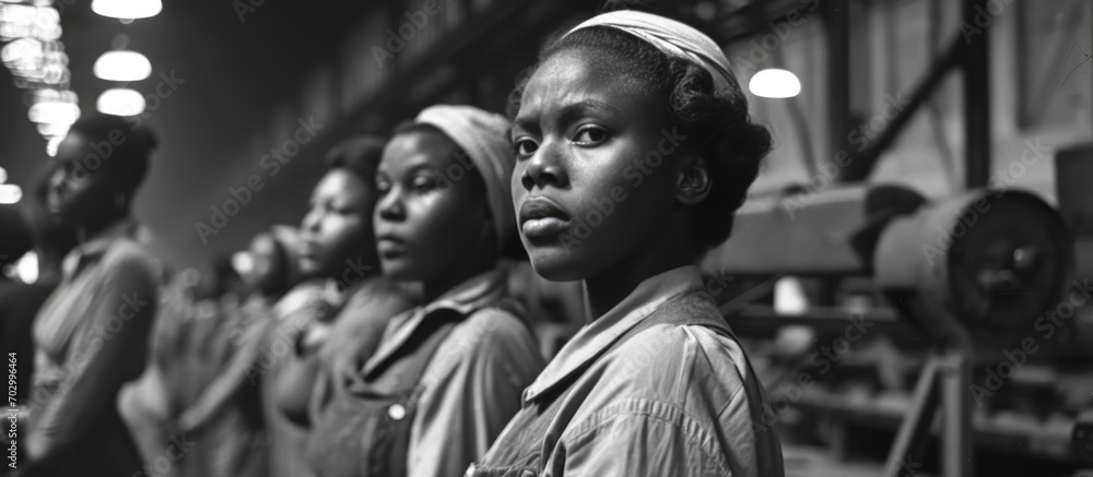 Female black workers in a factory and engineering team. Female black workers in a factory and engineering team.