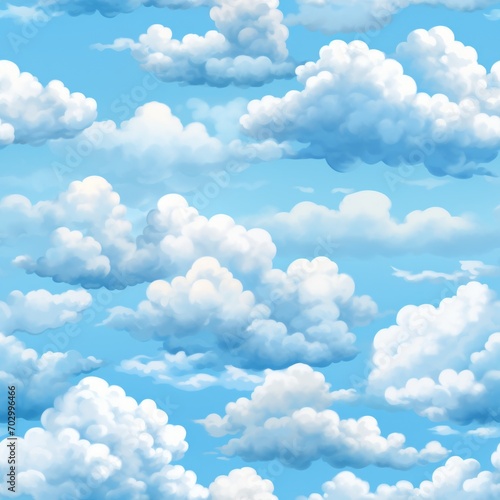 Seamless pattern of vibrant blue sky with fluffy white clouds for background design and texture photo