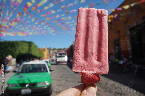 Strawberry paleta fruit bar ice cream in Mexico