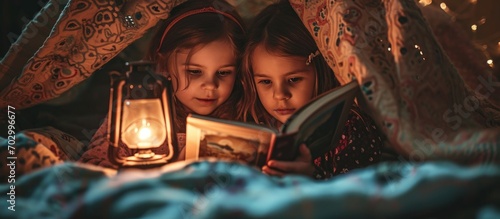 Two girls read fairy tales beneath a blanket with a small lamp