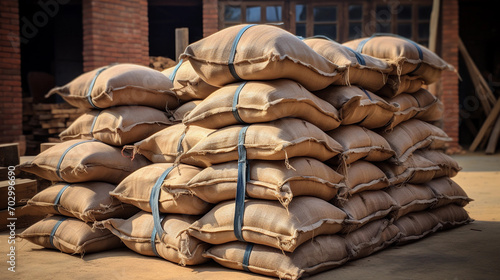 Neatly Stacked Cement Bags at a Construction Site Ready for Use