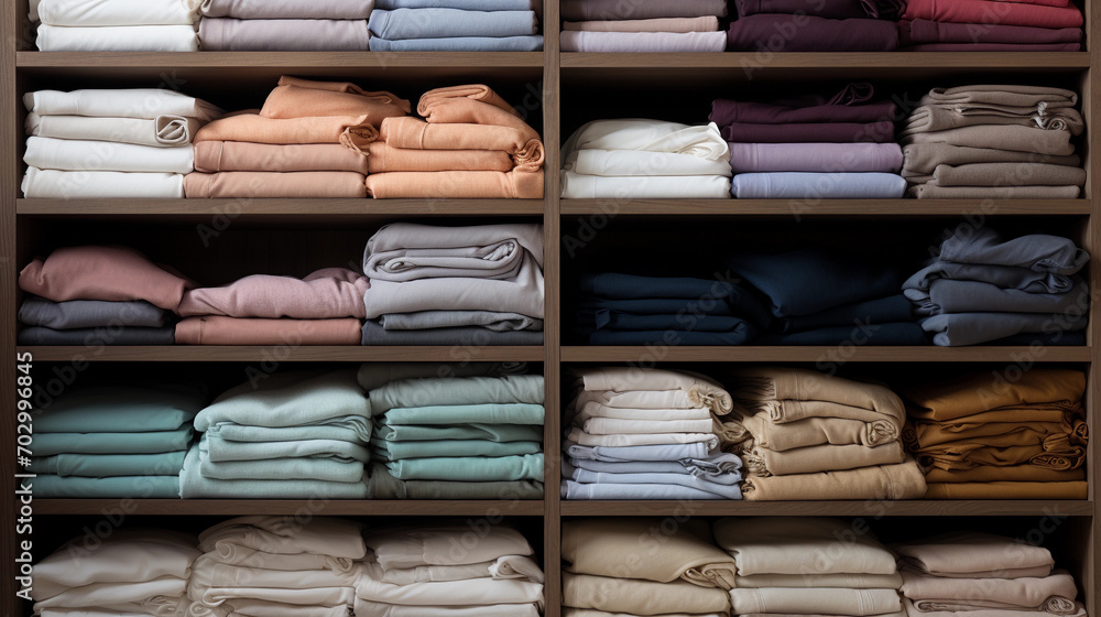 Coordinated Bed Linen Display in Mixed Materials on Metal and Wood Shelves Coordinated Bed Linen Display in Mixed Materials on Metal and Wood Shelves