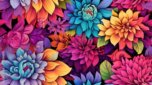  a bunch of colorful flowers that are on top of a bed of other colorful flowers on a bed of purple, pink, blue, yellow, red, orange, and green.