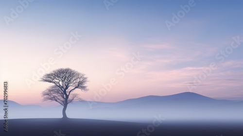  a lone tree in the middle of a field with mountains in the background and a pink sky in the background.