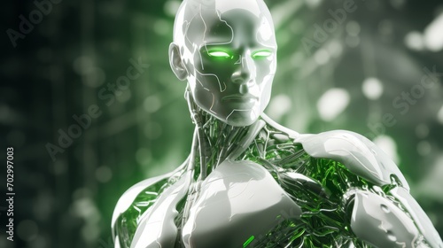 High-tech robot with green energy in the form of lightning, AI