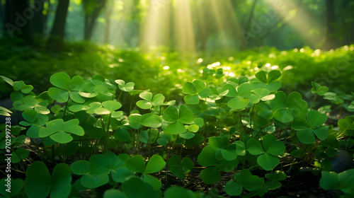 Horisontal background for Saint Patrics day. A field of green clovers or shamrocks, morning light. Generative AI photo
