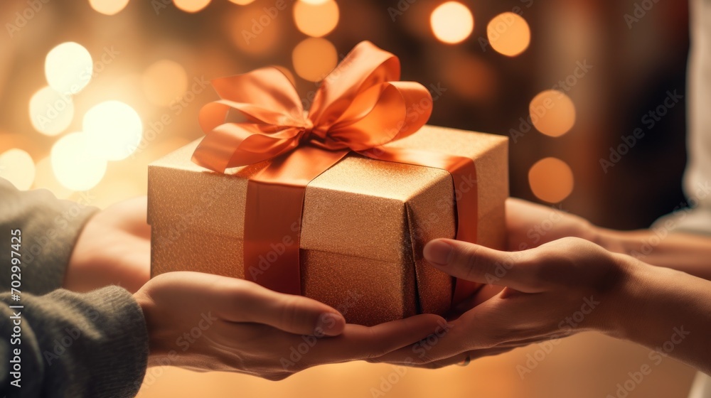 a person's hands holding a gift box with a bow on it, with a boke of lights in the background. a person's hands holding a gift box with a bow on it, with a boke of lights in the background.