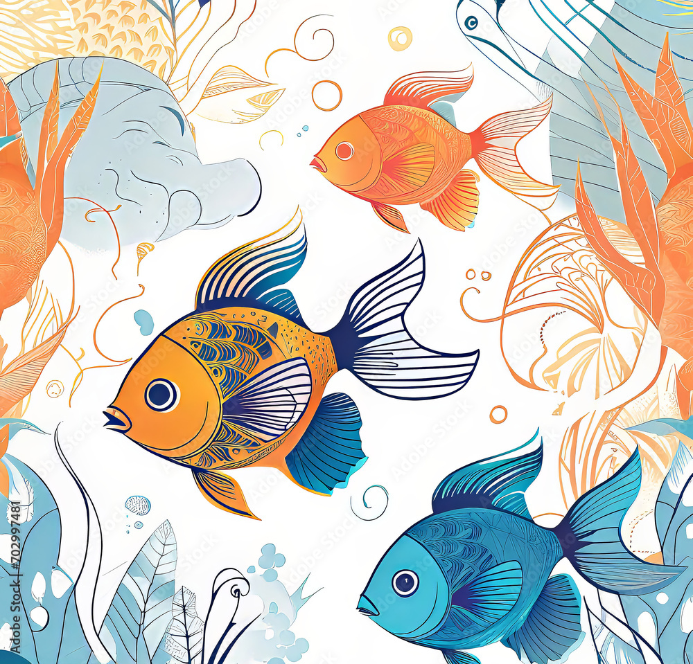 Fototapeta premium illustration of seaweed and underwater fantastic fish in the depths of the ocean, poster booklet, t-shirt print, creative illustration for design