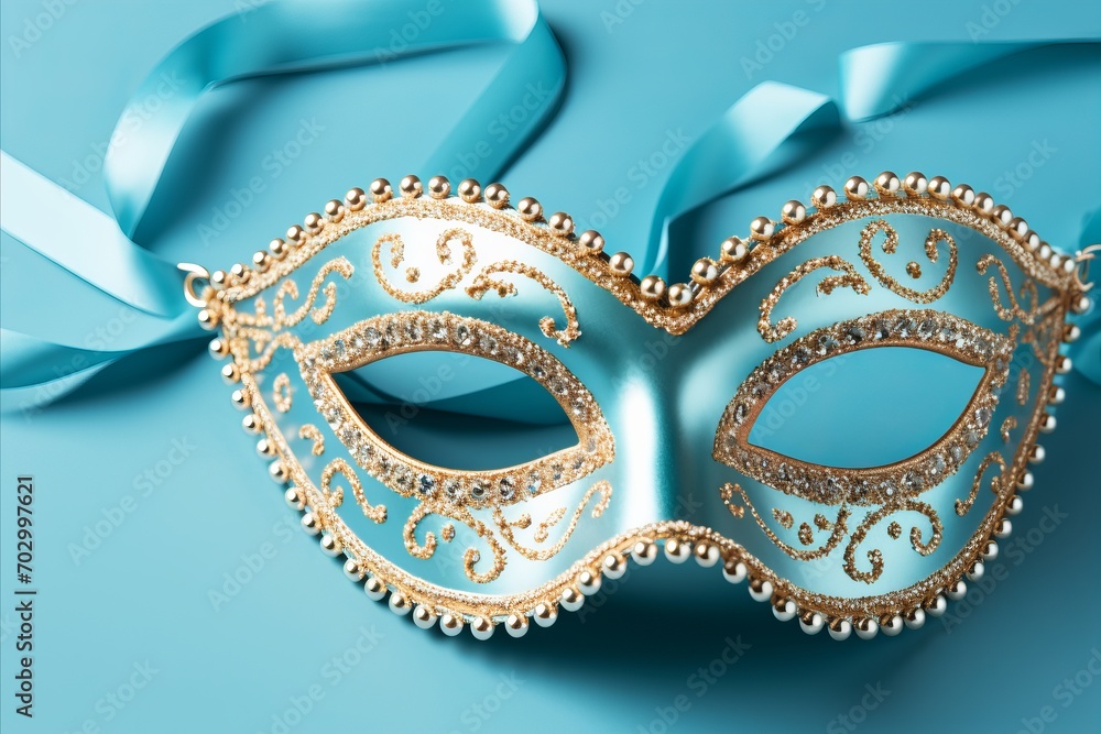 Vibrantly colored carnival mask on a solid background with ample space for text placement