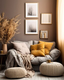 Stylish and cozy reading nook. Grey sofa with cushions and blanket near beige wall. Scandinavian interior design of modern living room, Generative AI