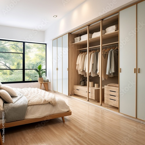White wooden wardrobe in scandinavian style interior design of modern bedroom, Generative AI © Eduardo