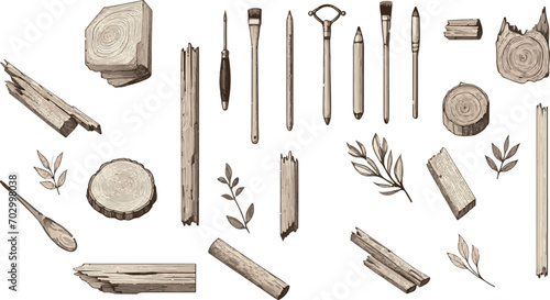 carpentry materials, wood, trunk, rustic materials, nature, vector art.