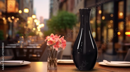  a black vase sitting on top of a wooden table next to a vase filled with flowers on top of a wooden table.