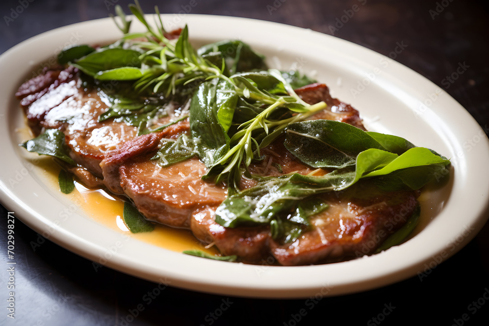close up Saltimbocca on a white plate on a dark background close up Saltimbocca on a white plate on a dark background