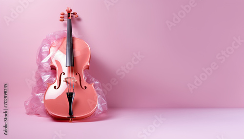 cello with cellophane film on pink background with copy space