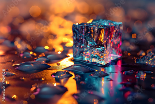 ice cube with multicolored iridescent light reflection, drops and bokeh