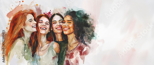 Cheerful group of women celebrating International Women's Day. Illustration in watercolor style with copy space