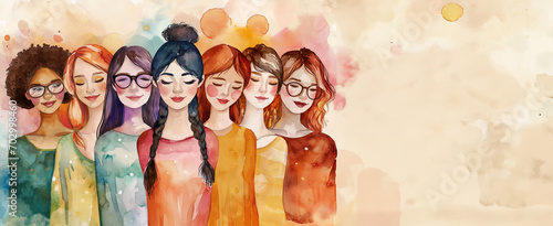 Cheerful group of women celebrating International Women's Day. Illustration in watercolor style with copy space