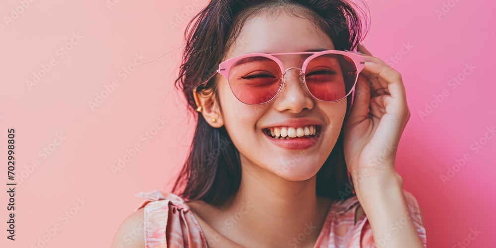 Obraz na płótnie Young and happy woman in stylish sunglasses on pastel background w salonie