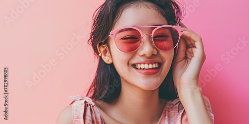 Young and happy woman in stylish sunglasses on pastel background