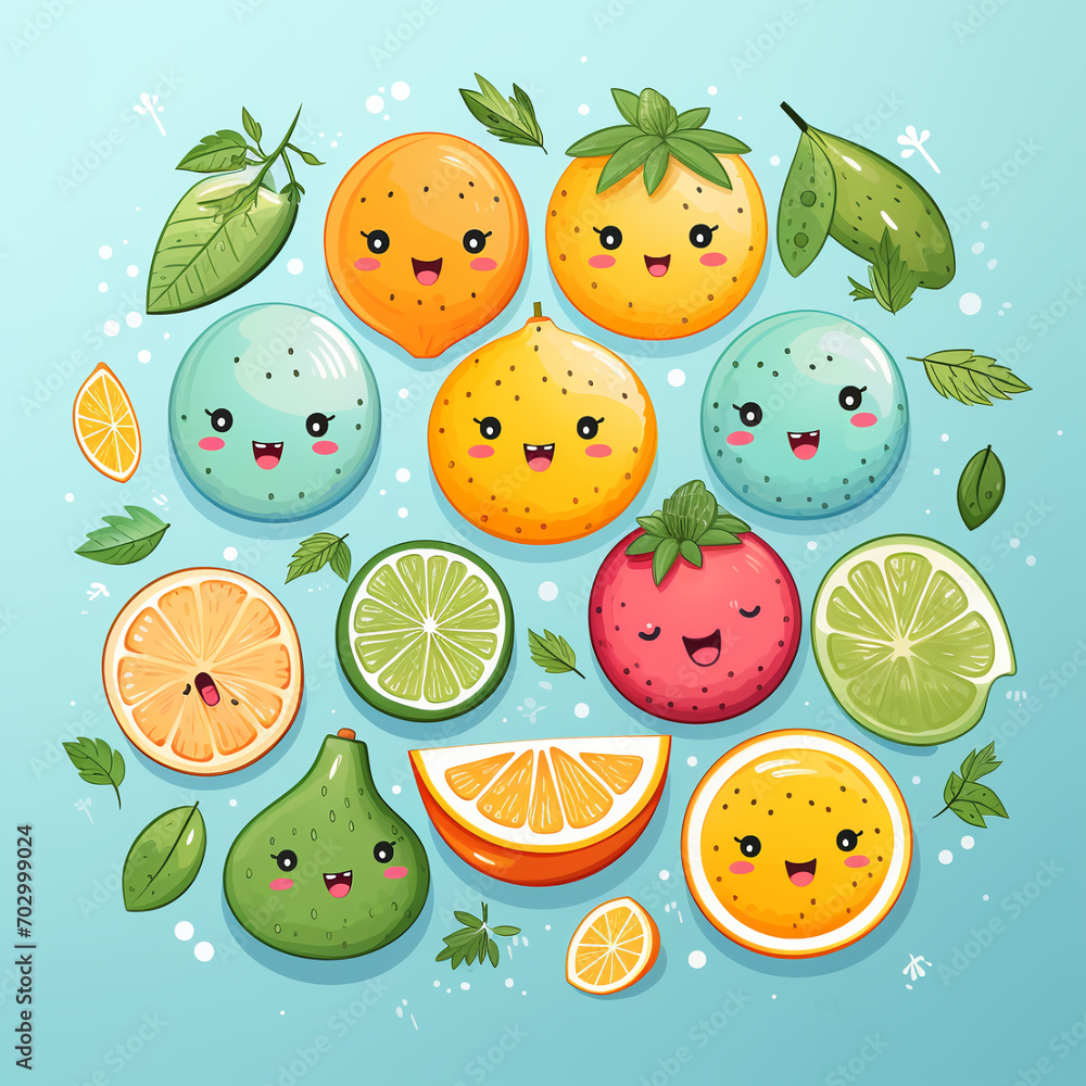 Cute alive happy smiling citrus family come to life with playful and cheerful expressions. There are dancing, celebrate and invite to join in healthy nature lifestyle. Advertising of food, drink Cute alive happy smiling citrus family come to life with playful and cheerful expressions. There are dancing, celebrate and invite to join in healthy nature lifestyle. Advertising of food, drink