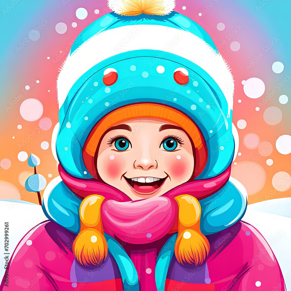 little happy girl playing outdoors in winter, vector graphics, children's drawing, girl making a snowman out of snow,