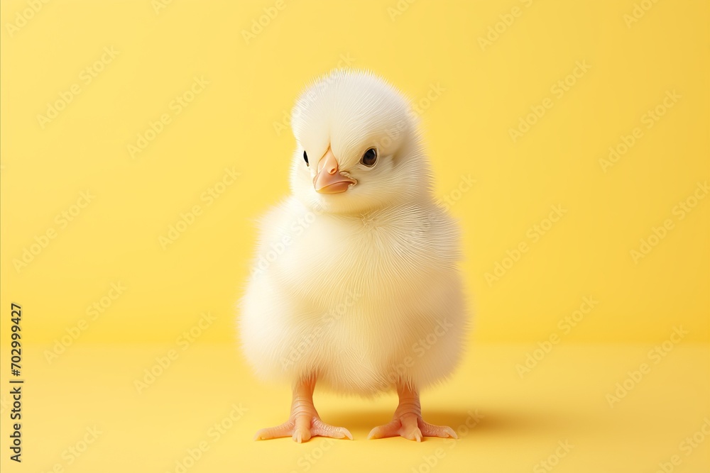 Styled happy chicken on solid pastel background fashion studio shot with copy space Styled happy chicken on solid pastel background fashion studio shot with copy space