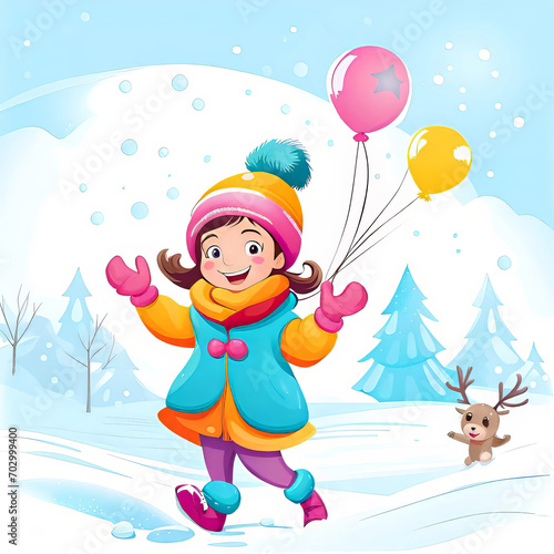 little happy girl playing outdoors in winter, vector graphics, children's drawing, girl making a snowman out of snow,