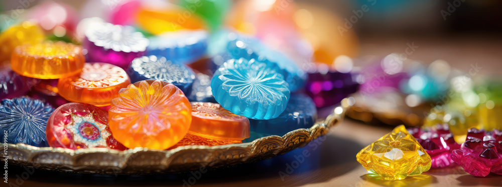 Fototapeta premium Close-up of Colorful Ramadan Eid Candy, Traditional Ottoman Candy on minimal background with copy space. Traditional national holiday candy sweets.