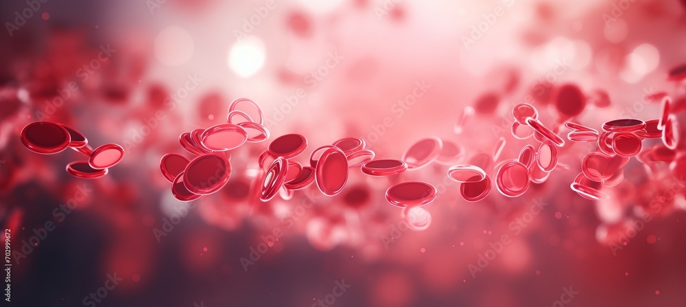 Blood cells close up on blurred defocused background, abstract detailed backdrop with copy space.
